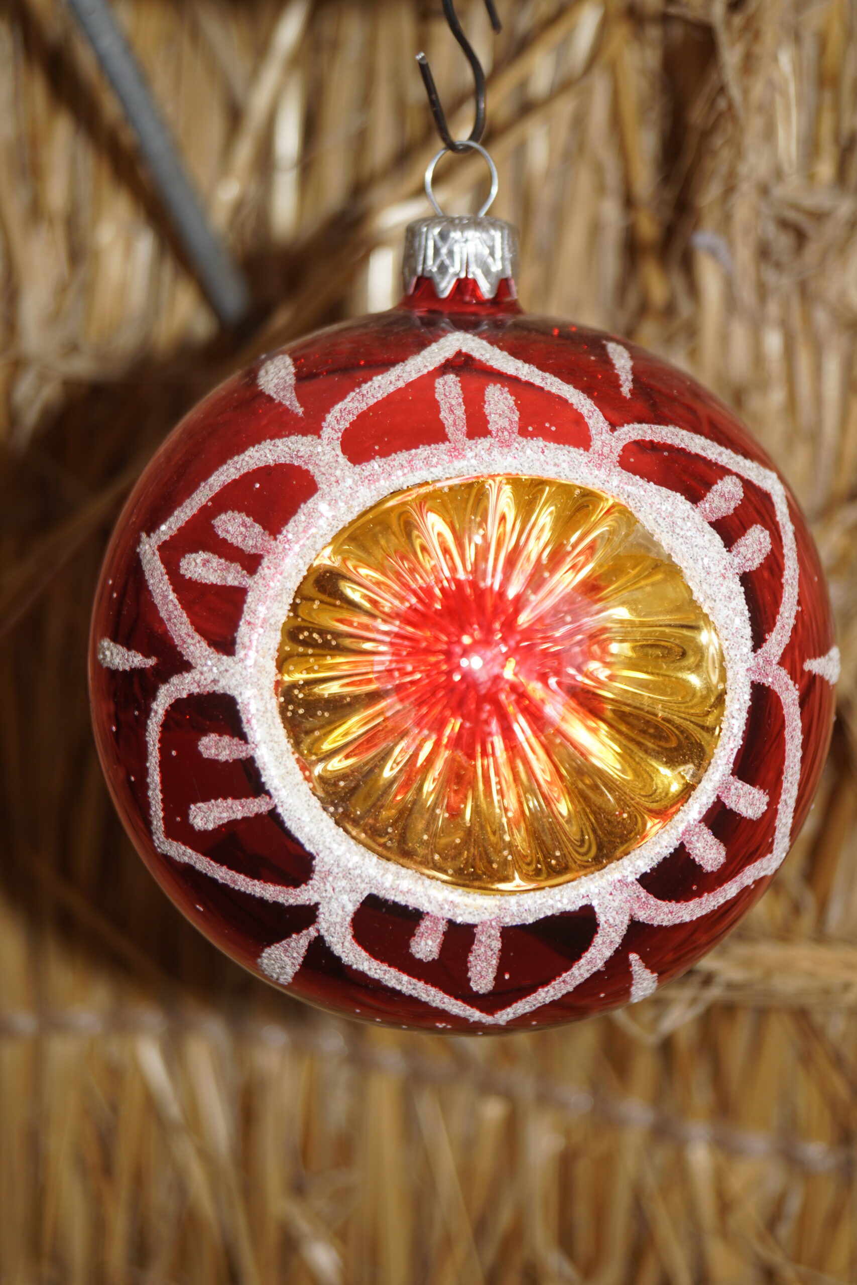 Julekugle Rød-Sne med Gylden Spejl 10 cm