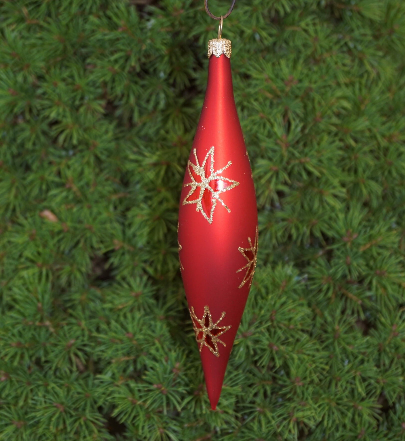 Julekugle Rød aflang, dekoreret med guld blomster 15 cm